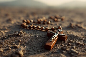 Rosary beads and crucifix resting on desert ground, symbolizing faith, hope, and religious conviction in arid environment.