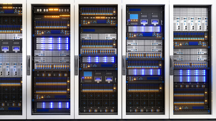 White storage and processing unit, large AI processing server room, data center storage and network processing room, SSD and hard disk drive storage, and processor cooling system,3D rendering