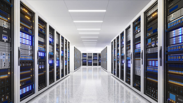 White storage and processing unit, large AI processing server room, data center storage and network processing room, SSD and hard disk drive storage, and processor cooling system,3D rendering