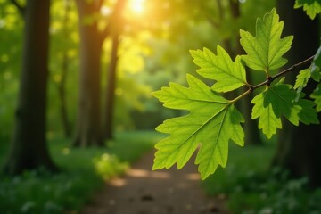 Isolated oak, verdant leaves against brown field, countryside, spring