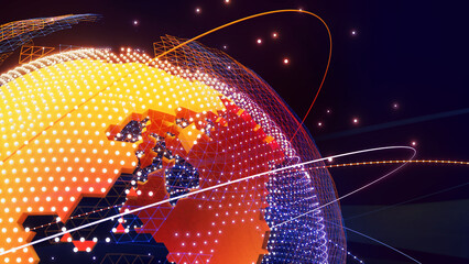 Digital world technology integrates data communication and network connection systems worldwide. , 3D rendering