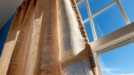 Obraz premium Sunlight streams through a window illuminating beige curtains in a bright room