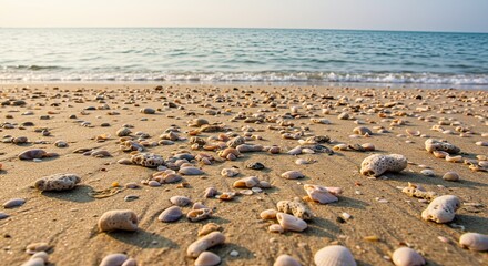 Sandy beach shore with seashells and water under a bright sunny day outdoors