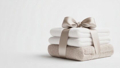 A Beautiful Stack Of Beige And White Towels Tied With A Satin Ribbon On A White Gift, Side View Horizontal Orientation - The Essence Of Home.