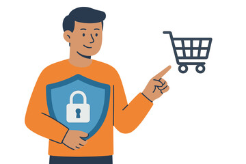 Man holding a shield with a padlock, pointing to a shopping cart represents secure online shopping