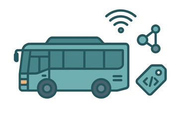 Blue bus cartoon vector icon depicting internet connectivity, social network and coding tag for transportation and technology