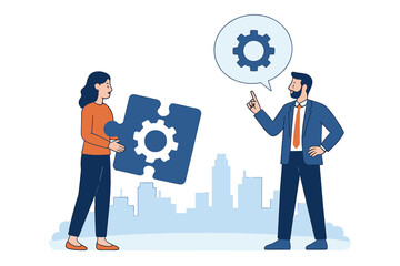 Business team work on solution with gear and puzzle piece in front of the City skyline