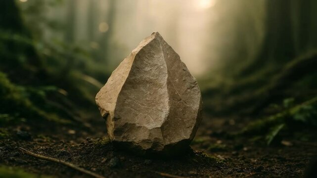 Knapped flint scraper tool in natural forest setting. Prehistoric hide processing implement showcasing stone age technology for leather working and material preparation.