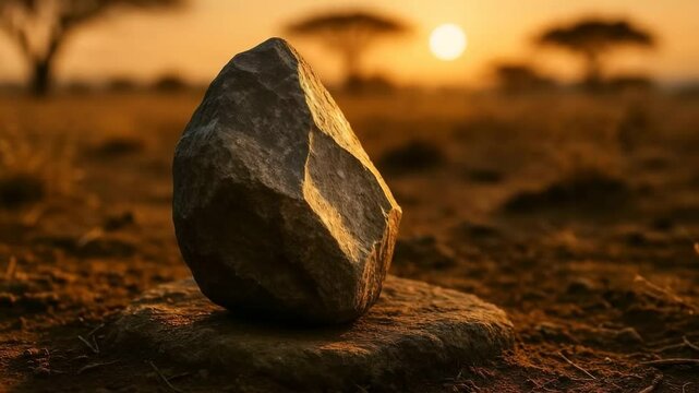 Flint knapping core illuminated by golden sunset light in African savanna landscape. Prehistoric stone tool production showcasing early human technology against dramatic evening sky.
