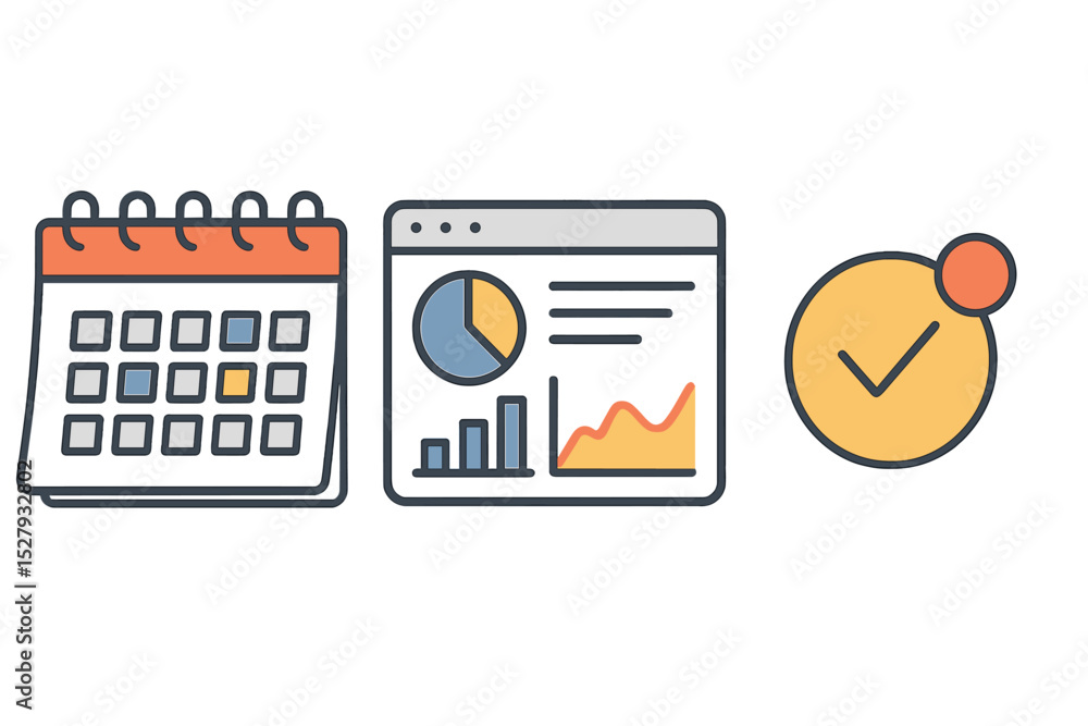 Poster calendar with schedule, pie chart with analytics, and check mark notification symbol illustration