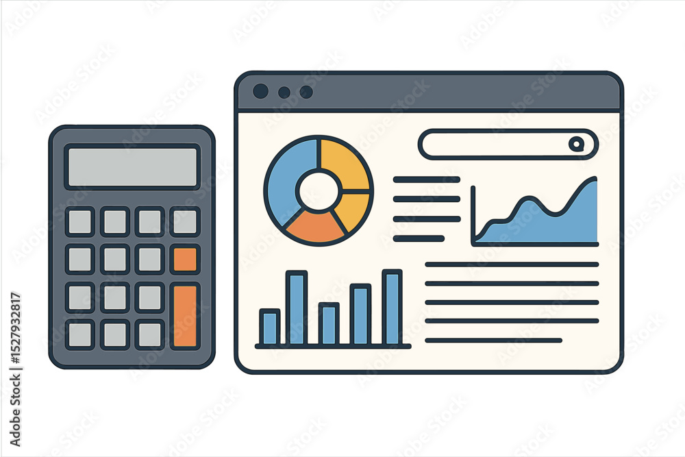 Poster calculator and financial data representation on a browser displaying pie chart, bar chart, and line 