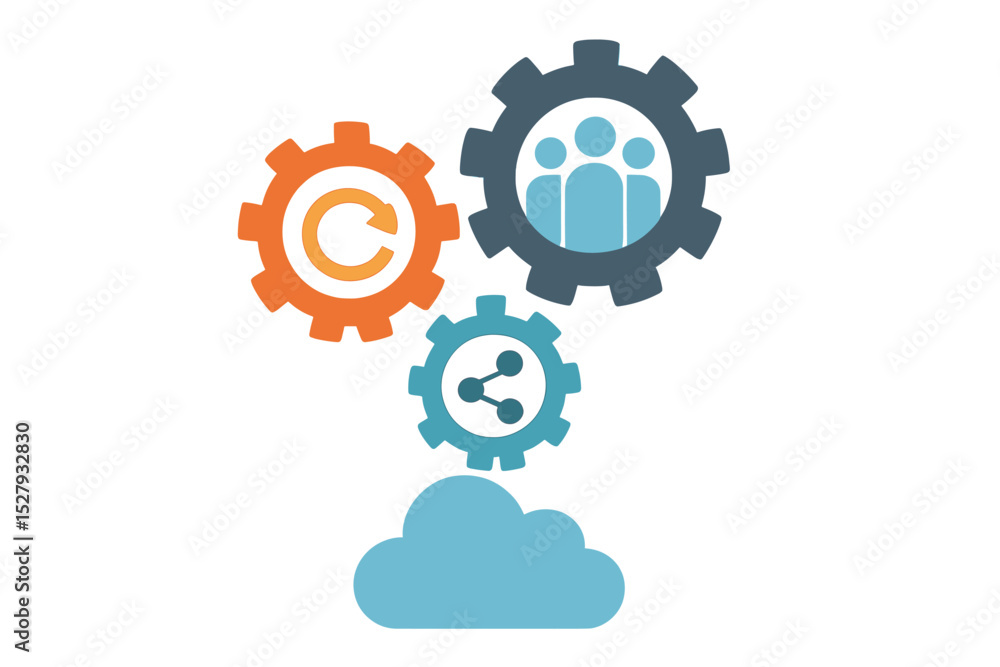 Poster cloud computing with gears symbolizing teamwork, sharing, and update process