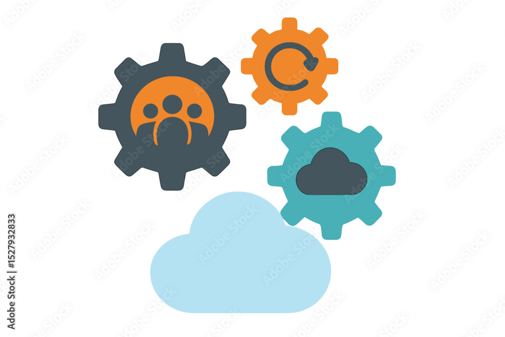 Poster cartoon gears representing cloud computing, team management, and software updates on isolated backgr