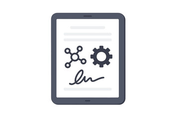 Tablet displaying molecule, gear, and signature representing an electronic document