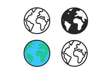 Earth globe variations shown as black and white outlines and colorized in a cartoon vector icon
