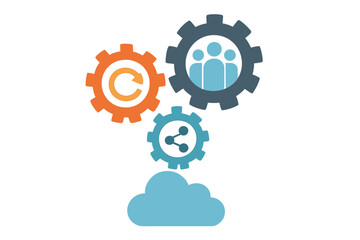 Cloud computing with gears symbolizing teamwork, sharing, and update process