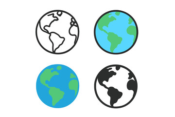 Four globe icons showing Earth in various styles including outline, color, and silhouette, isolated on white