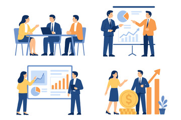 Business people work on presentations, team meets, and analyze finances at office