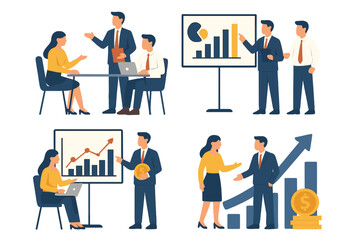 Four different scenes of business people meeting, discussing, and giving presentations with charts and data