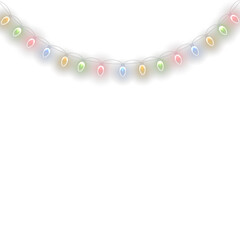 Christmas light png. Glowing festive string lights with colourful bulbs and transparent background. Vector border for holiday greeting card, party banner or winter decoration design.

