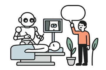 Robot surgeon performing surgery on patient with doctor present in operating room, vector illustration