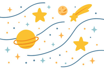 Cartoon space vector with planet, moon, shooting star, stars, and wavy lines isolated on white