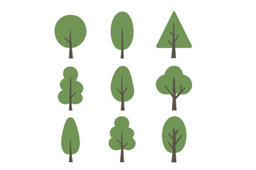 Assorted trees vector art presenting different crown shapes and isolated on a white background