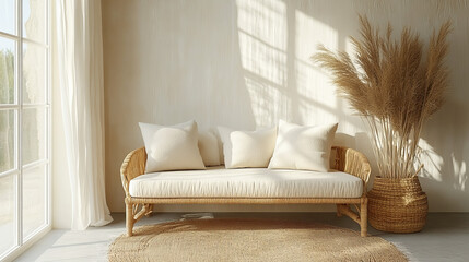 Serene Bohemian Living Room Design with Rattan Sofa and Pampas Grass