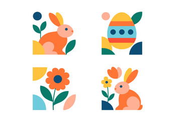 Easter themed vector icon set featuring bunnies, flowers, and an egg isolated on white