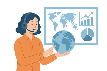 Woman with headset holding globe in front of world map and graphs