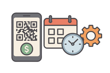 Mobile phone with qr code and dollar symbol displays beside calendar, clock, and gear icon illustration