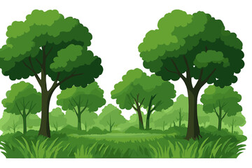 Vector illustration shows a forest with trees and green grass during daytime