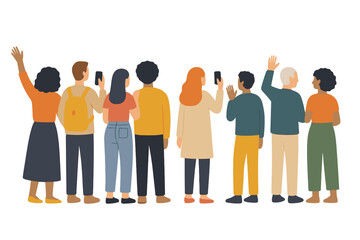 Group of diverse people facing forward waving hands and holding phones in a cartoon vector illustration icon isolated on white