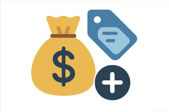Yellow money bag with dollar sign and a blue price tag cartoon vector icon