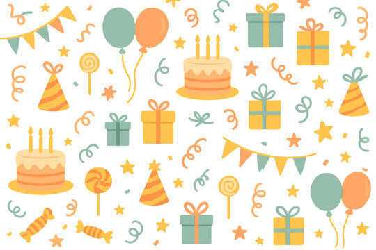 Colorful birthday party celebration pattern featuring balloons, gifts, cake, party hats, streamers, and stars vector illustration