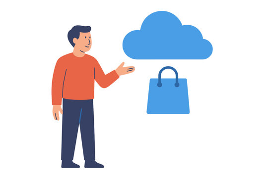 Man presenting cloud based shopping bag vector icon illustration isolated on white background
