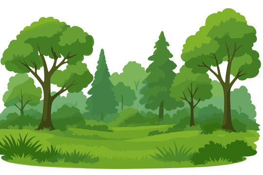 Cartoon green forest landscape vector illustration icon with trees and bushes