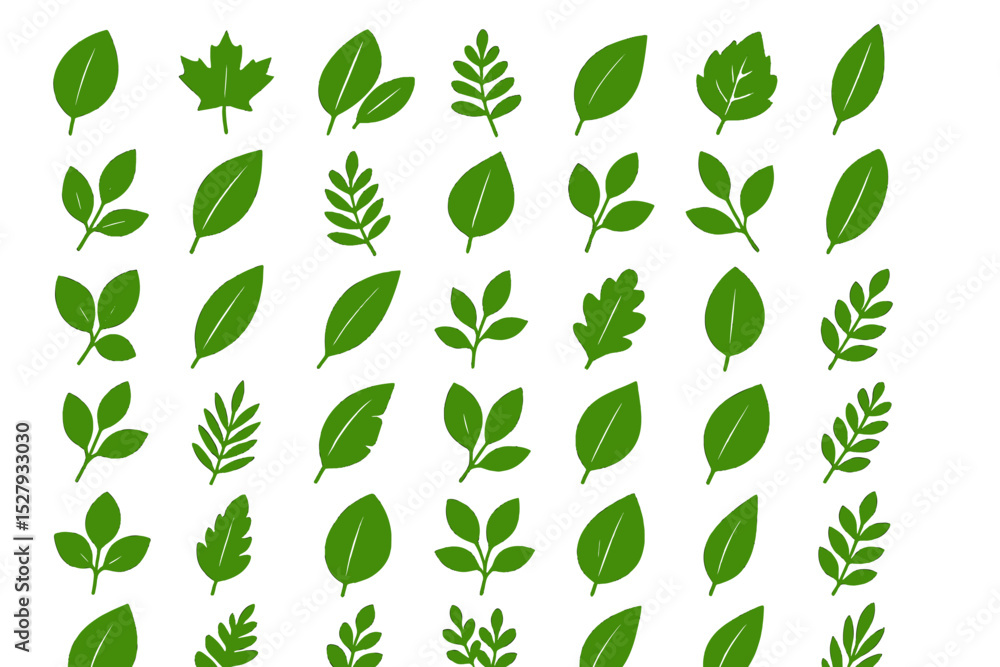 Poster assortment of different types of green leaf vector icons isolated on white background