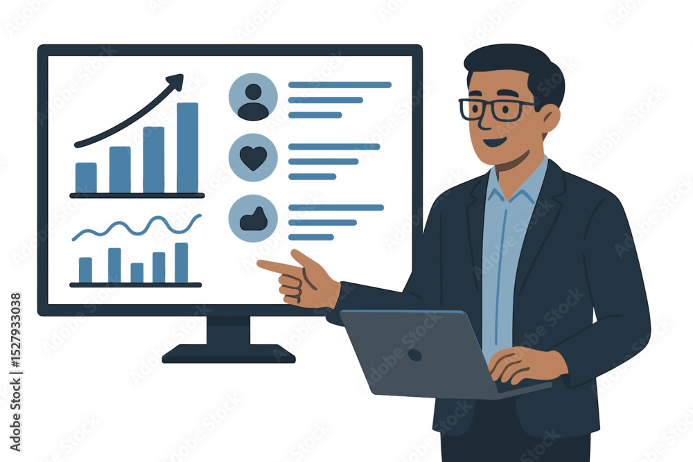 Poster man presenting data analytics and social media metrics on large computer screen with laptop in hand