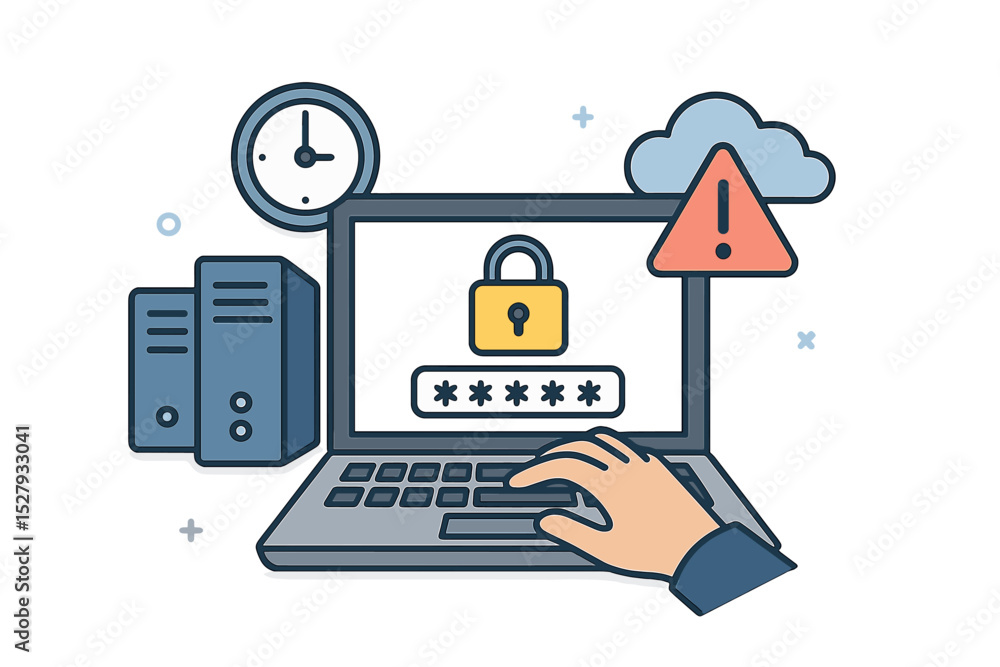 Poster computer security cartoon vector icon showing a locked screen, server, clock, and an error symbol in
