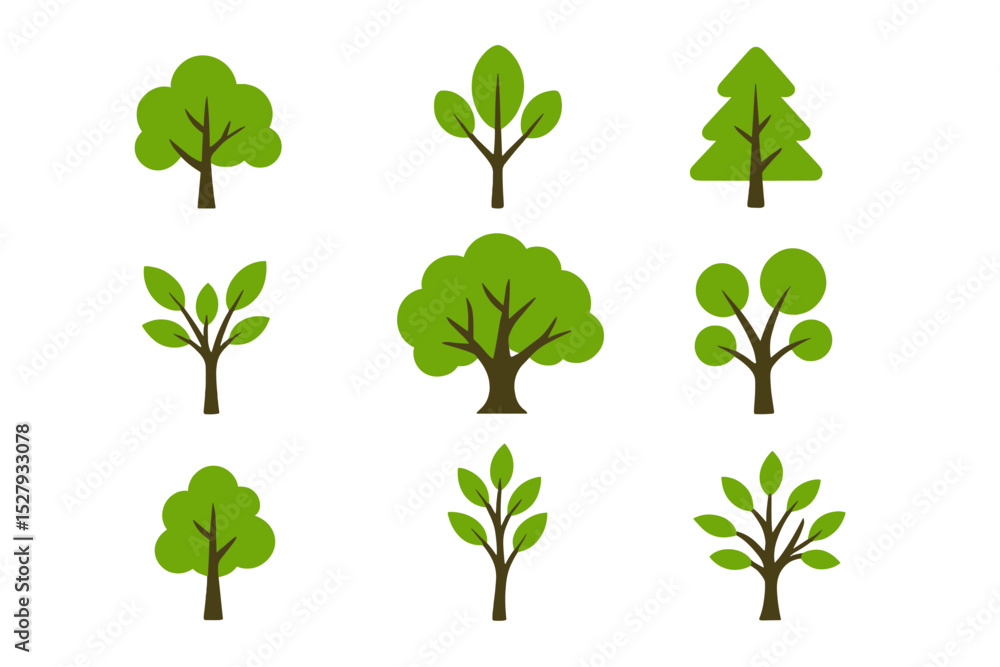 Poster green vector tree icons representing various types of trees and forest ecosystems isolated on white 