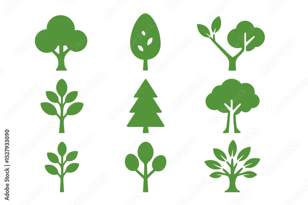 Poster green trees collection vector art isolated on white background, featuring multiple tree shape variat