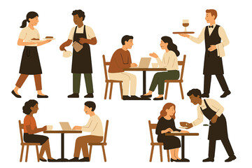 People enjoying food and drinks at a cafe while being served by waitstaff in a vector illustration