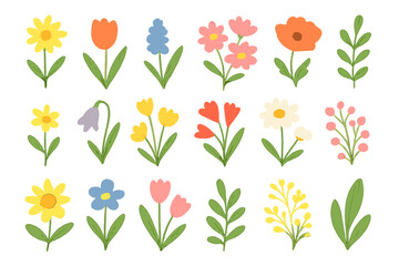 Cartoon vector illustration icon isolated featuring a variety of colorful spring flowers and leaves