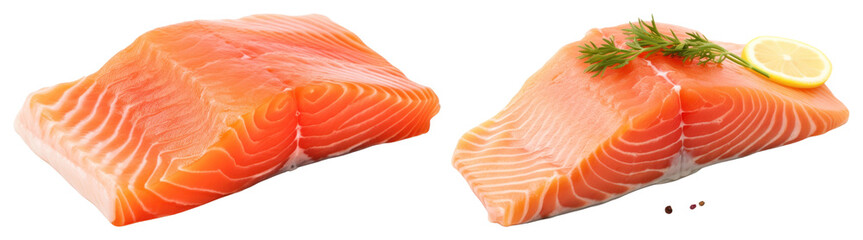 PNG Two fresh salmon fillets, one garnished with lemon and dill element set on transparent background.