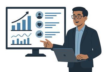 Man presenting data analytics and social media metrics on large computer screen with laptop in hand