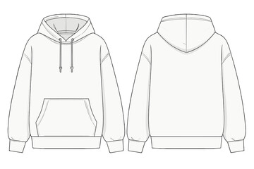 White hoodie technical sketch template, front and back views, design element for fashion and clothing line creation