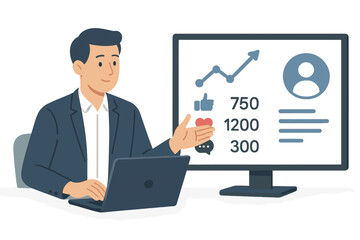 Man in Business Attire Analyzing Social Media Data Displayed on a Monitor with his Laptop at the Office