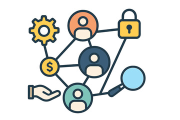 Network connection with security, finance, management, and support vector icon