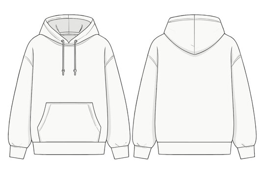 White hoodie technical sketch template, front and back views, design element for fashion and clothing line creation